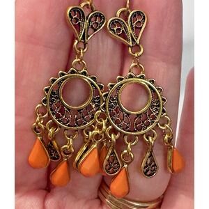 Pierced Gold Tone Filigree Beaded Chandelier Dangle Earrings Boho Bollywood